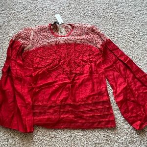 Red Anthropologie blouse, pretty shoulder detail